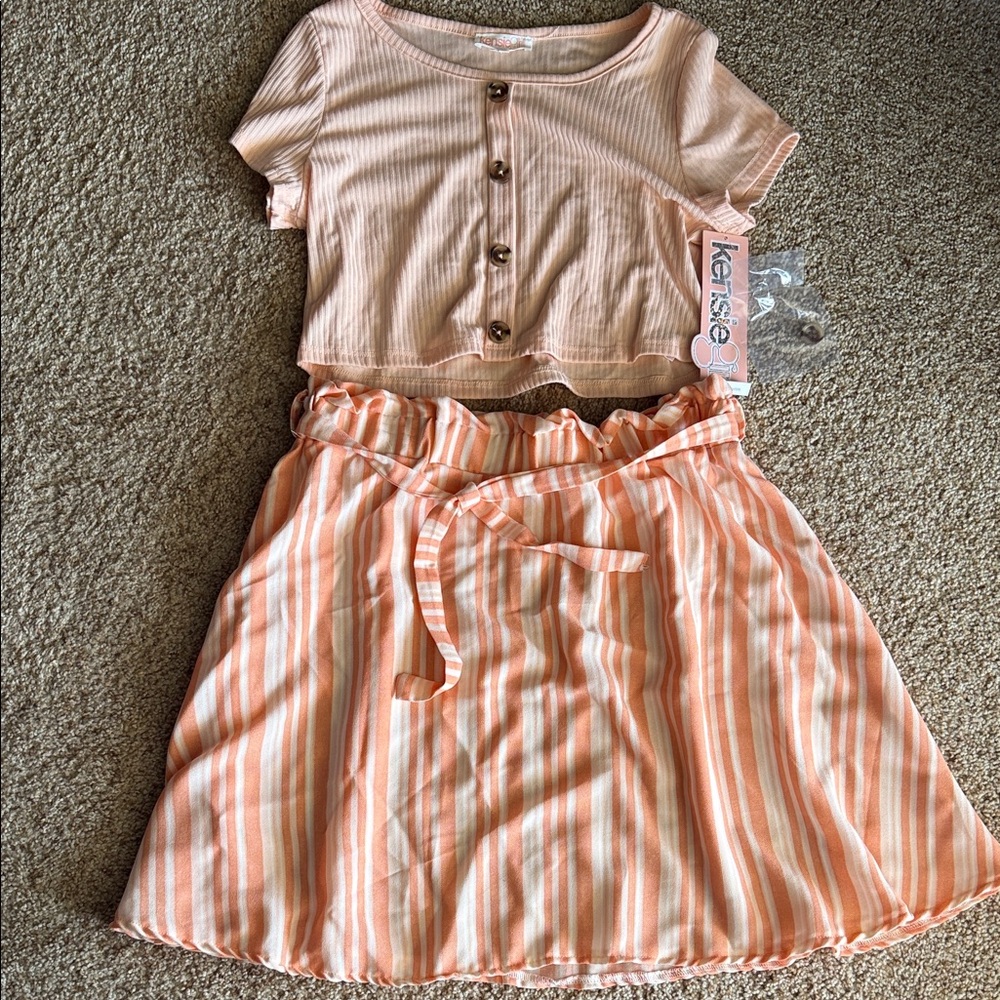 Girls Kenzie Peach Ribbed Button Crop Top & Striped Skirt Set